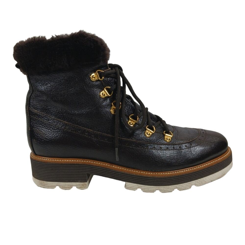 Valentina Black Lace-Up Faux Fur Collar Combat Boot with Gold Hardware